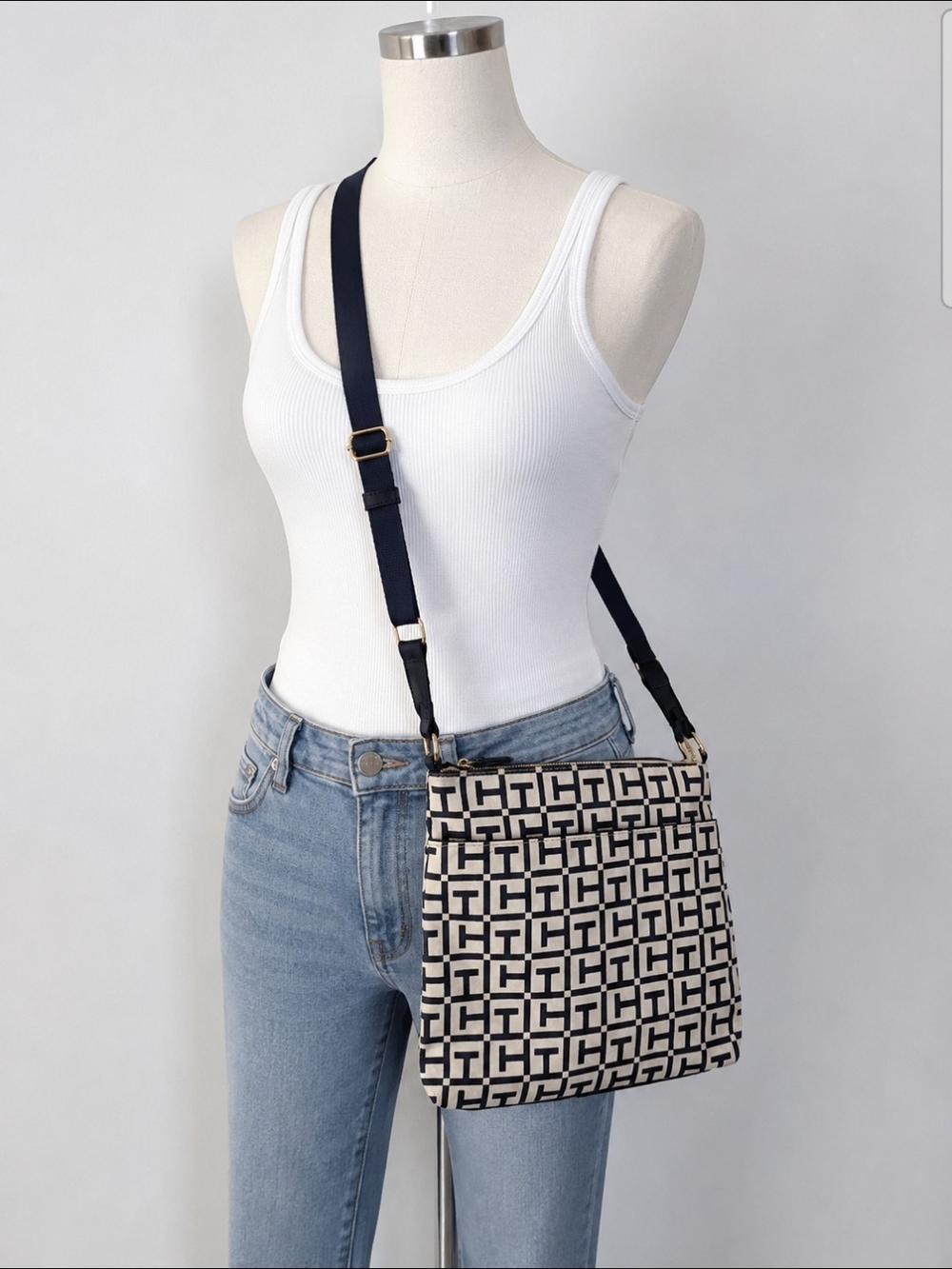 Tommy Hilfiger TH Monogram Crossbody Bag Navy Ivory Canvas Adjustable Strap